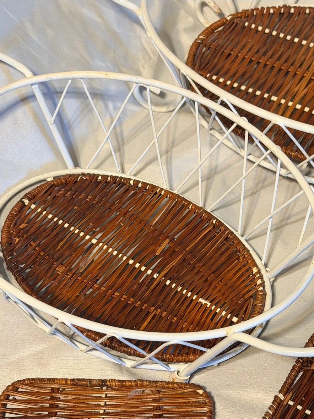 White Wire Wicker Serving Basket Set French Country Cottagecore Kitchen Decor
